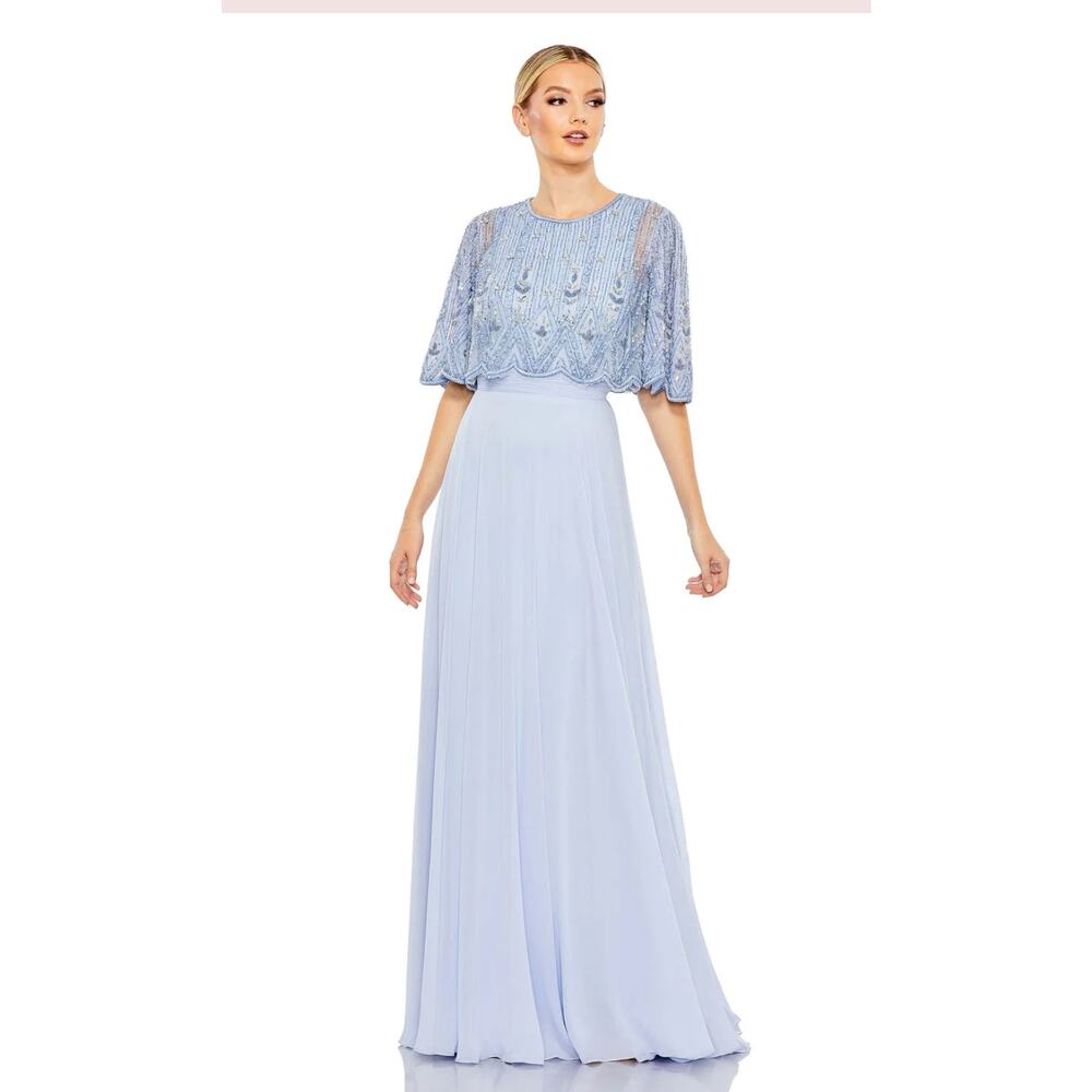 Mac Duggal 9181 Powder Blue Chiffon Gown w/ Fully Beaded 3/4 Sleeve Top 4 $598